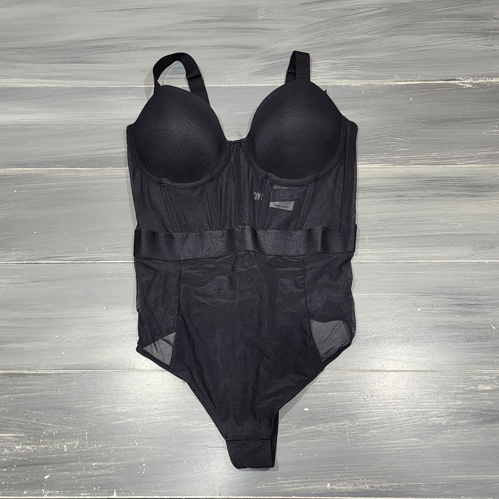 DKNY Sheers Strapless Bodysuit Black Underwire Mesh Thong 34C DK6008 NEW